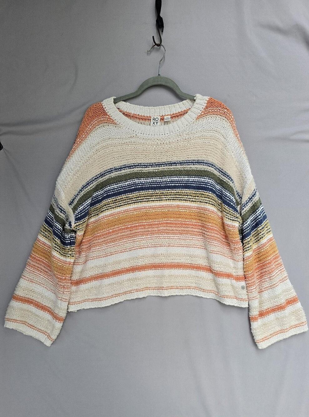 Roxy Sweater Womens Medium Multicolor Stripe Crew Neck Cropped Pullover Knit